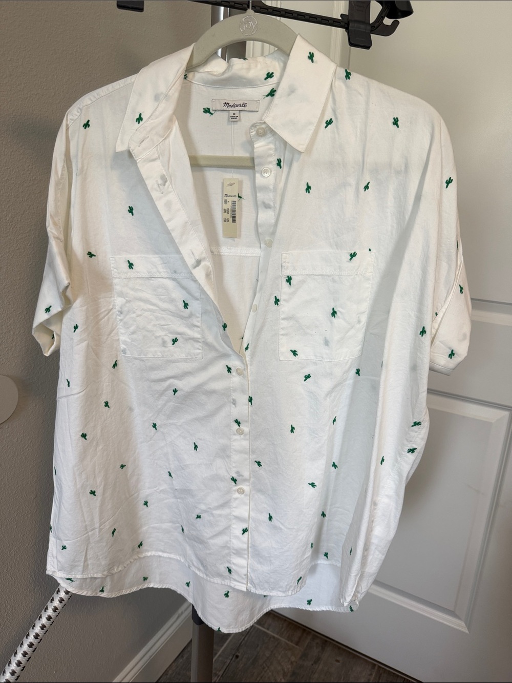 Madewell White Button-Up Shirt with Green Cactus Embroidery - NWT